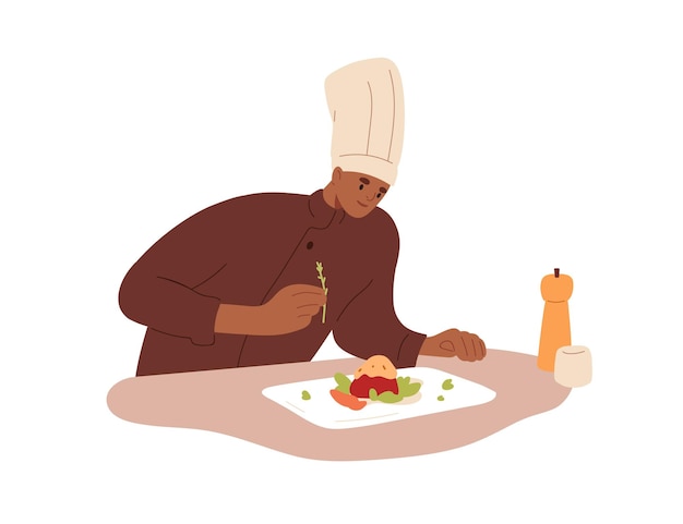 Chef cocinero agregando condimento al plato del restaurante. Cocina profesional, preparación de comidas, decoración de alimentos con condimentos. Alta cocina, arte culinario. Ilustración de vector plano aislado sobre fondo blanco.