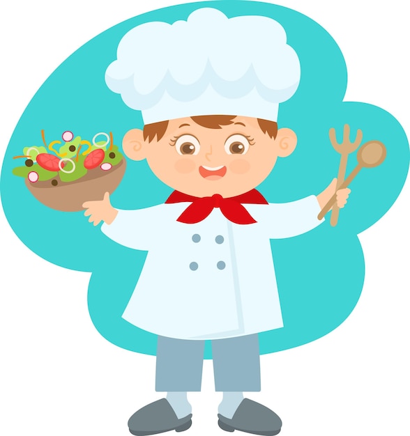 Chef cocinero ensalada de concepto de verduras Hombre de pie con plato de vidrio y cucharas