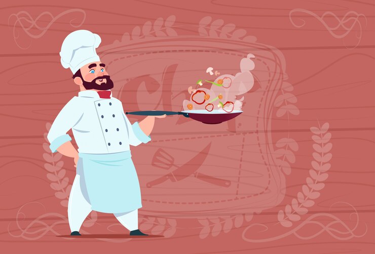 Vector chef cocinero sosteniendo una sartén con comida caliente sonriendo dibujos animados en un restaurante blanco uniforme sobre un fondo con textura de madera