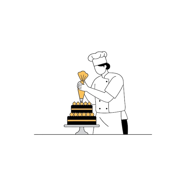 El chef decora hábilmente un pastel de varios niveles con glaseado en una ilustración vectorial de estilo minimalista