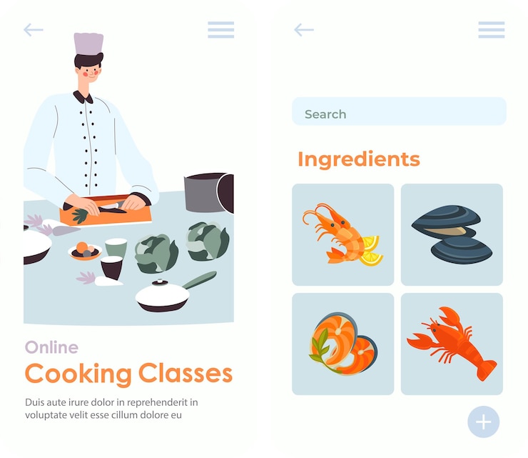 Vector chef demostrando cómo hacer platos para estudiantes. preparación para clases y lecciones de cocina. ingredientes con información para alumnos. sitio web o plantilla de página web, vector de estilo plano de página de destino