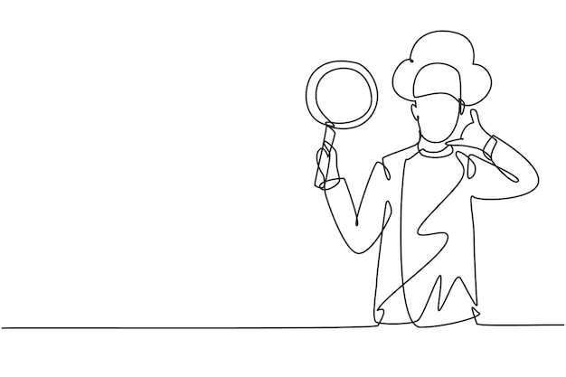 Chef de dibujo continuo de una línea con gesto de llamarme sosteniendo una ilustración de arte vectorial de diseño de sartén