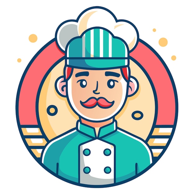 Chef de dibujos animados con bigote rojo en uniforme de chef verde