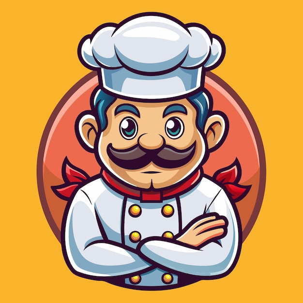 Chef de dibujos animados con los brazos cruzados usando un sombrero blanco y un uniforme contra un fondo amarillo