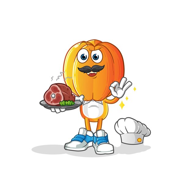 Chef de dibujos animados de cabeza de fruta estrella con mascota de carne. vector de dibujos animados
