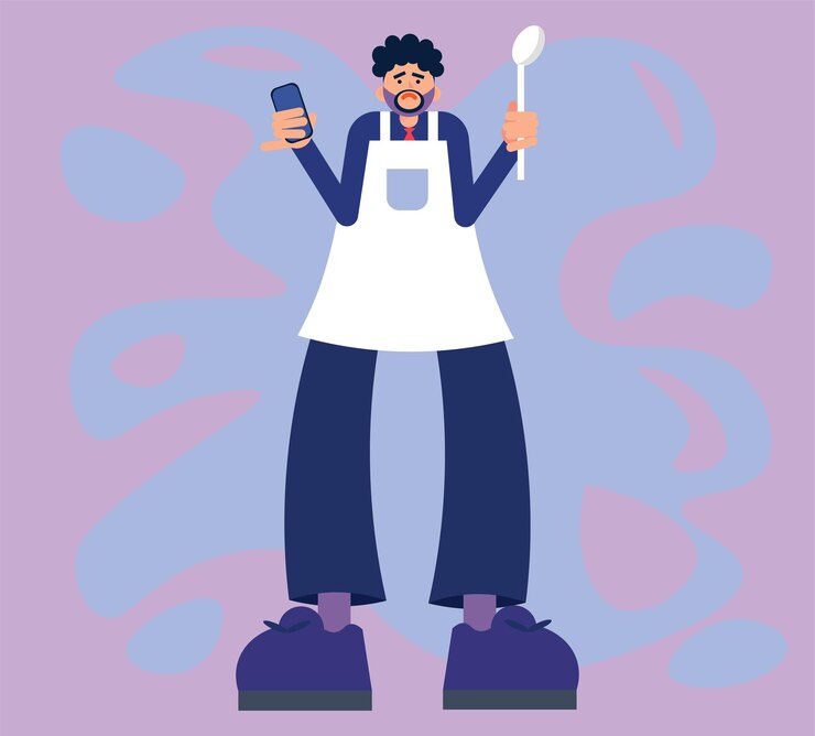 Vector chef de dibujos animados confundido con una cuchara usando una aplicación de cocina