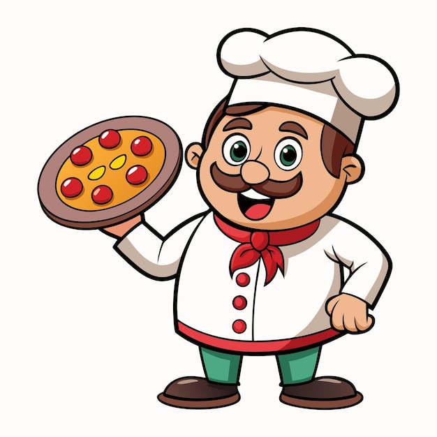 Chef de dibujos animados sosteniendo una pizza aislada sobre un fondo blanco