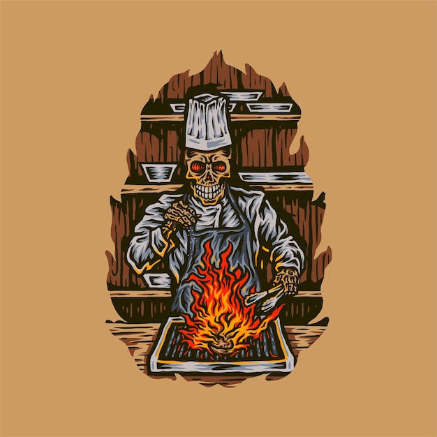 Chef esqueleto asando carne, estilo de línea dibujada a mano con color digital