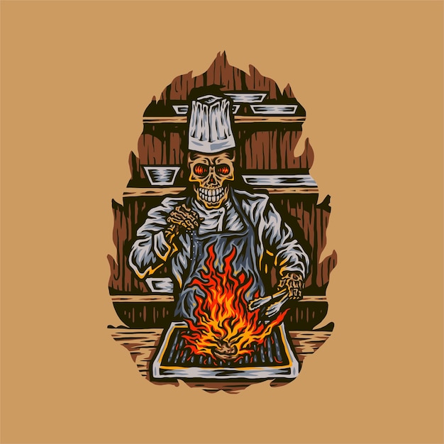 Vector chef esqueleto asando carne, estilo de línea dibujada a mano con color digital