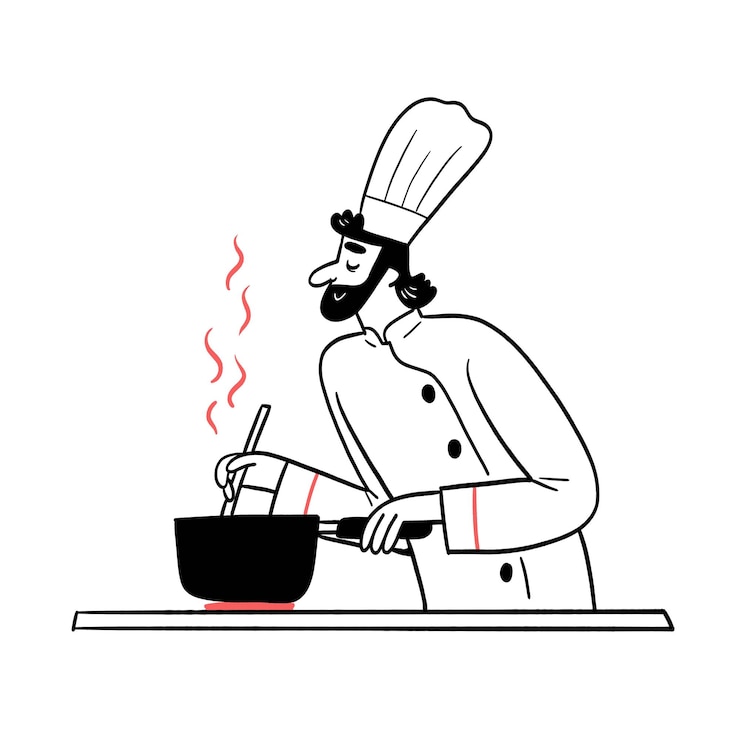 Vector el chef está usando utensilios de cocina posiblemente degustando o preparando comida con el vapor subiendo indicando