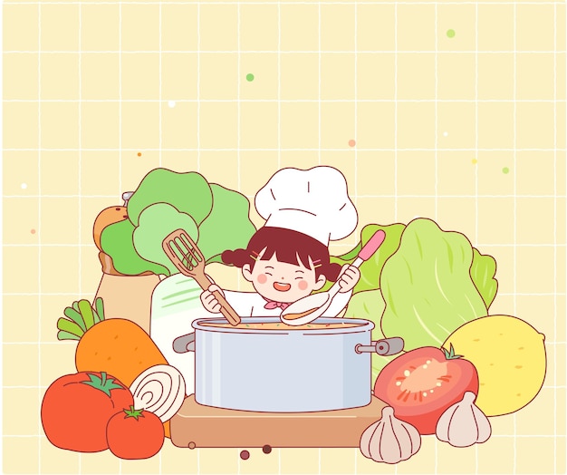 El chef feliz cocinando sopa de verduras