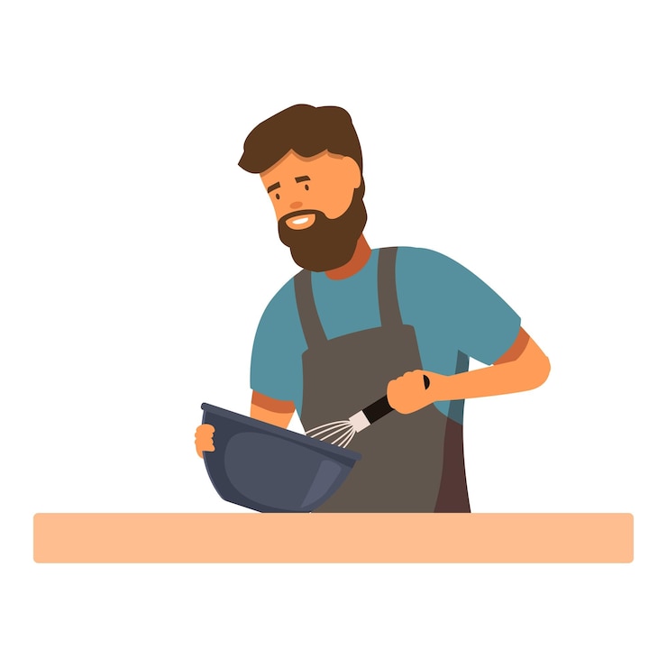 Vector un chef feliz golpeando ingredientes en un cuenco en el mostrador de la cocina