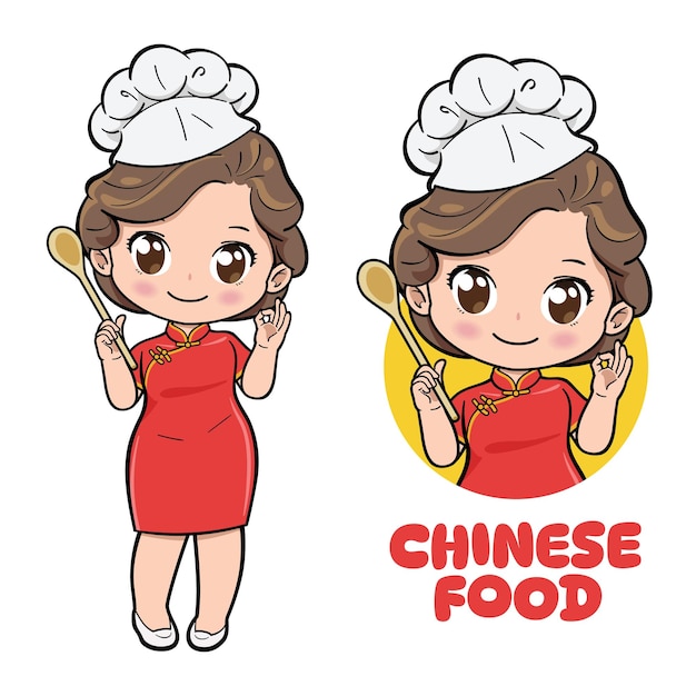 Vector chef femenina china sosteniendo una espátula y mostrando gesto de mano ok