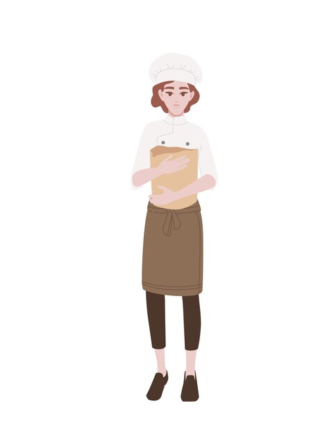 Chef femenina cocinera panadería profesional dibujos animados diseño de personajes ilustración vectorial plana aislada en fondo blanco