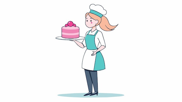 un chef femenino con un pastel en un plato con un Pastel en él