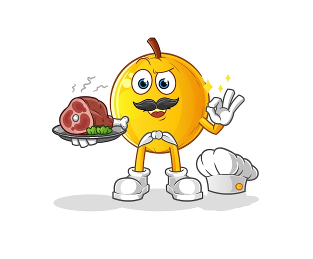 Chef de frutas langsat con mascota de carne. vector de dibujos animados