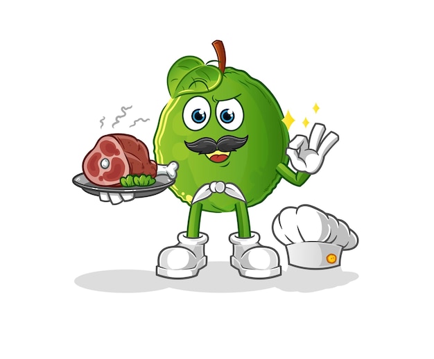 Chef de guayaba con mascota de carne. vector de dibujos animados