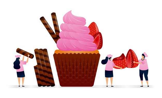 El chef hace muffins con cubierta de pedazos de fresa roja y una oblea de paja con sabor a chocolate