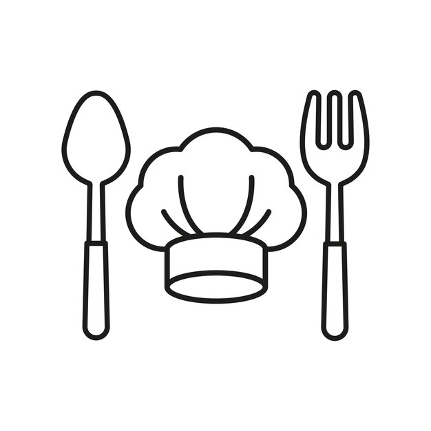 Chef hat and spoon fork set icon in black line represents cooking passion culinary creativity