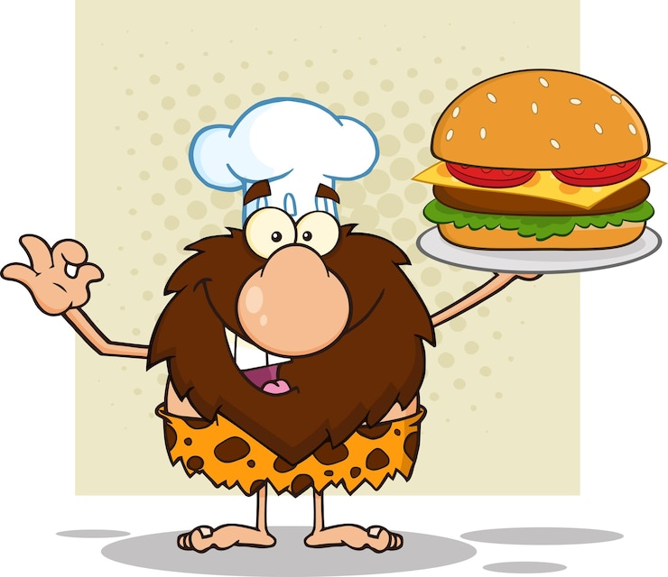 Vector chef hombre cavernícola mascota de dibujos animados personaje sosteniendo una gran hamburguesa y gesticulando ok