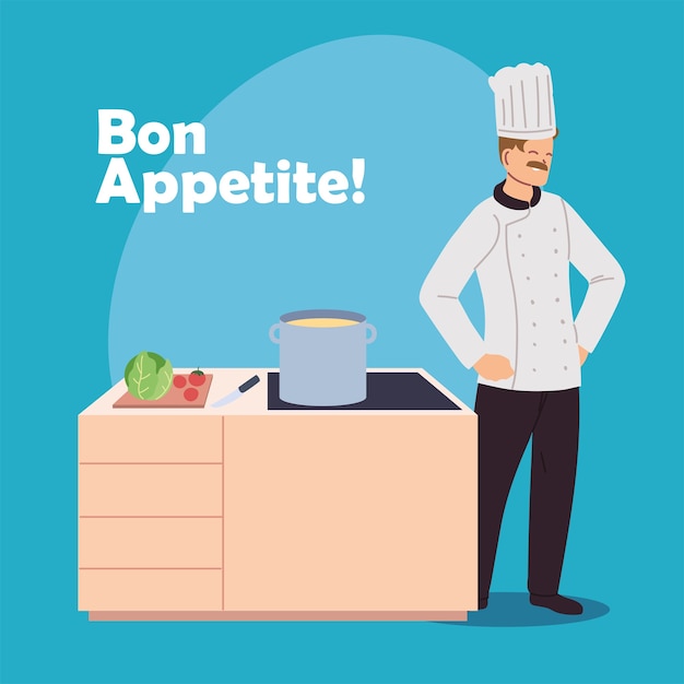 Chef hombre con estufa y elementos de diseño de ilustración de cocina