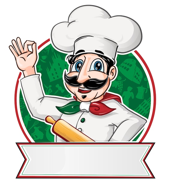 Chef italiano dentro de un círculo con pancarta en blanco
