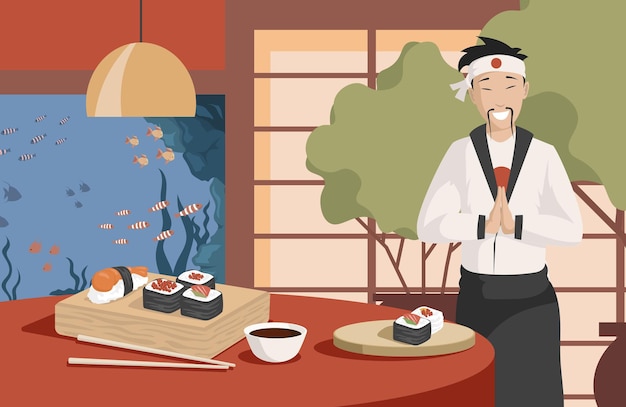 Chef de japón de ilustración plana de vector de comida japonesa saludable y sabrosa