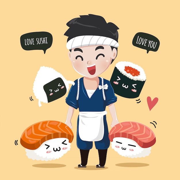 El chef japonés con lindos amigos de sushi camina y se une alegremente,