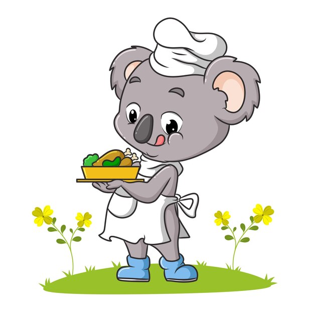 El chef koala está sirviendo un pollo en el jardín de la ilustración.