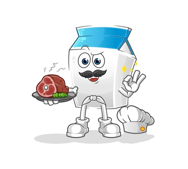 Chef de leche con mascota de carne. vector de dibujos animados