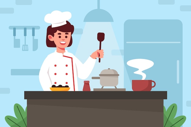 Chef Mujer Cocinando En La Cocina Ilustración