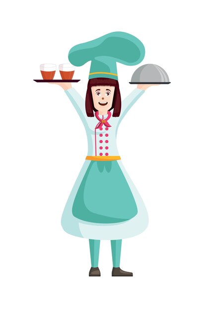 Chef mujer de dibujos animados con comida ilustración vectorial