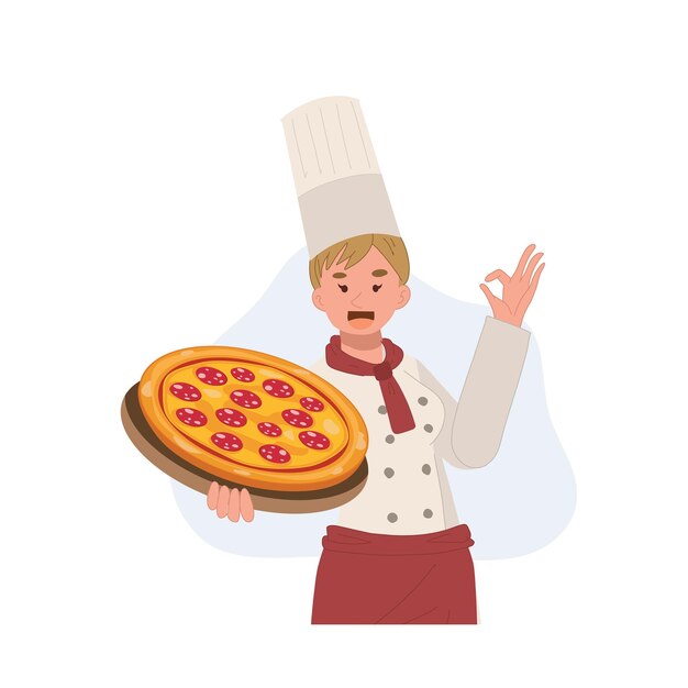 Chef mujer sosteniendo pizza con sombrero de chef y ilustración de dibujos animados de vector uniforme