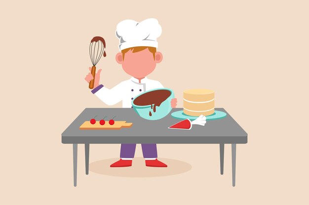 Chef de niño pequeño feliz con uniforme de chef y haciendo un pastel de cumpleaños en la mesa Concepto de cocina Ilustración vectorial