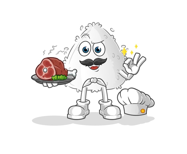 Chef Onigiri con mascota de carne. vector de dibujos animados
