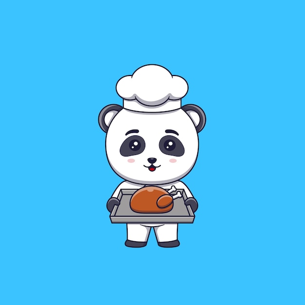Chef panda lindo sosteniendo una bandeja de pollo asado