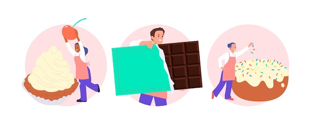 Chef de pastelería masculino y femenino pequeño personaje de dibujos animados con gran conjunto de composición de alimentos dulces aislados