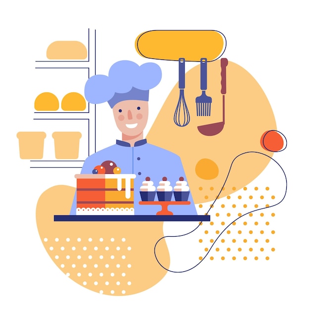 Chef pastelero con pasteles y tortas imagen estilizada vectorial plana