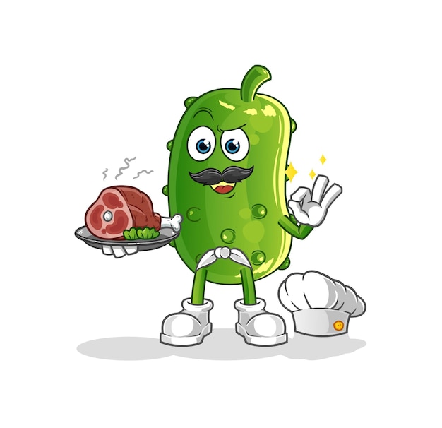 Chef de pepino con mascota de carne. vector de dibujos animados