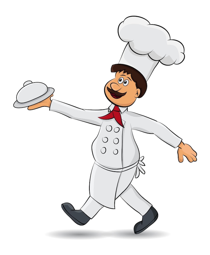 Vector chef de personaje de dibujos animados sirviendo sus platos