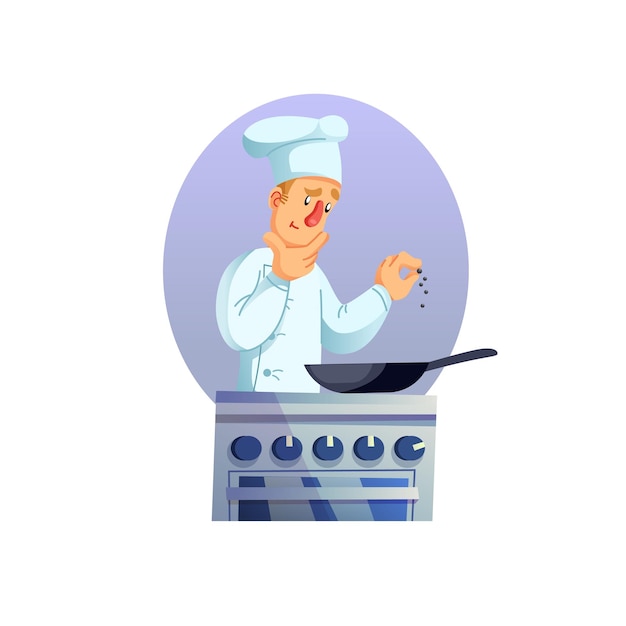 Chef de personaje de hombre de dibujos animados plana cocina comida en concepto de ilustración de vector de flujo de trabajo de cocina de alimentos panprofessional