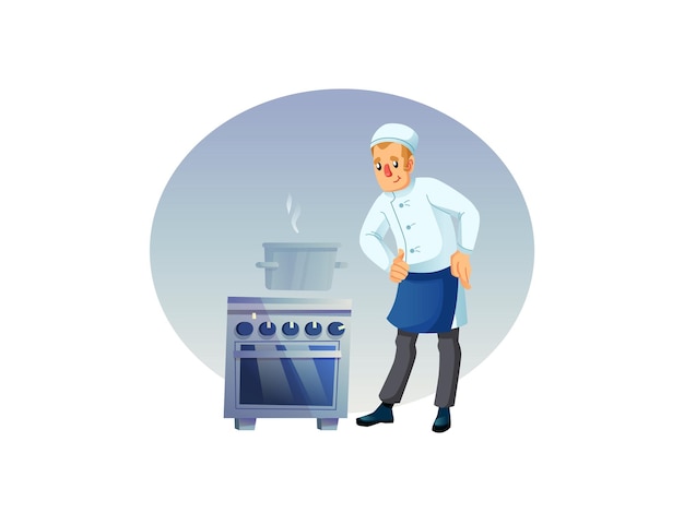 Chef de personaje de hombre de dibujos animados plana cocina comida en concepto de ilustración de vector de flujo de trabajo de cocina de alimentos saucepanprofessional