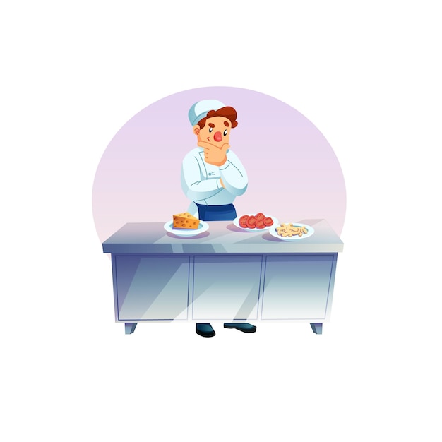 Chef de personaje de hombre de dibujos animados planos cocina comida elección de ingredientes concepto de ilustración de vector de flujo de trabajo de cocina de comida profesional