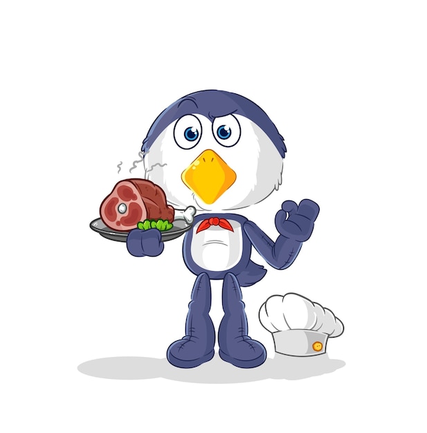 Chef pingüino con vector de dibujos animados de mascota de carne