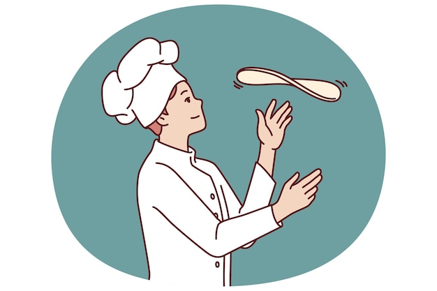 El chef prepara pizza lanzando masa en un restaurante de cocina abierta con comida tradicional italiana