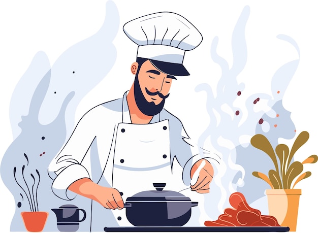 Chef preparando comida en la cocina ilustración vectorial en estilo plano