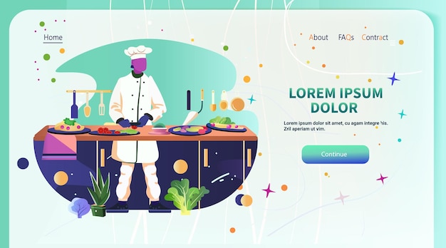 Chef preparando una comida saludable en la cocina colores vibrantes verduras herramientas de cocina plantilla web de diseño moderno