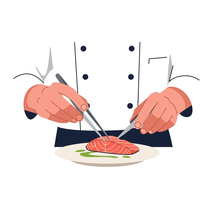 Vector chef preparando un plato de salmón gourmet con precisión y habilidades culinarias en la ilustración vectorial de la cocina
