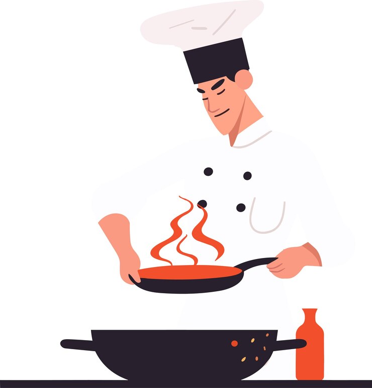 Vector un chef en el proceso de cocinar comida ilustración de fondo blanco estilo de vector flipart mínimo