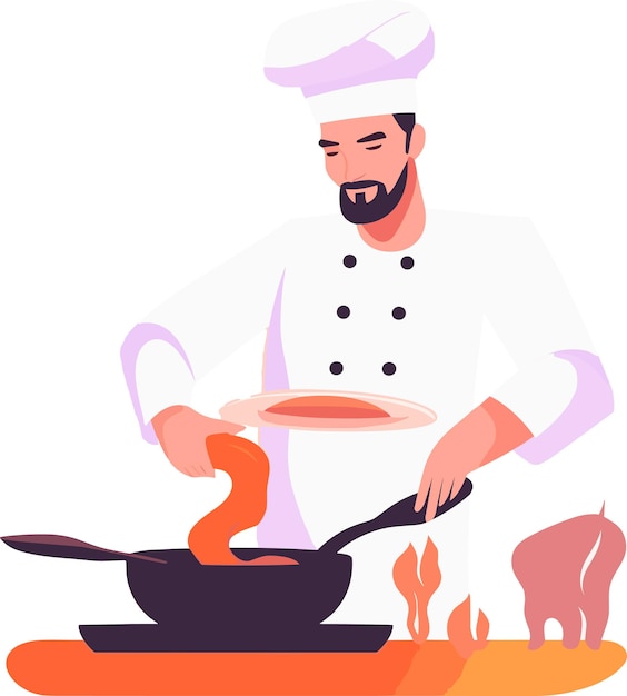 Vector un chef en el proceso de cocinar comida ilustración de fondo blanco estilo de vector flipart mínimo